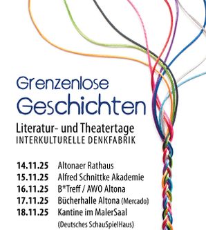 Plakat für die Interkulturelle Denkfabrik 2025 mit bunten Schnüren und Veranstaltungsdaten.