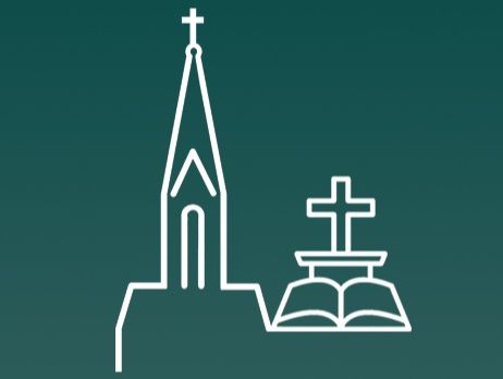 Grafik einer Kirche mit Kreuz und Bibel auf grünem Hintergrund.