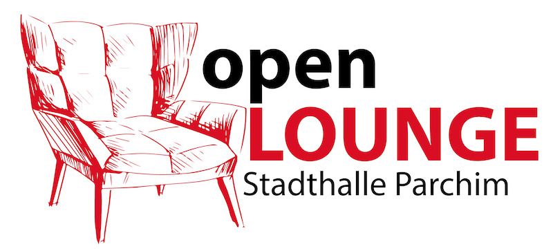 Logo der Veranstaltung 'open Lounge' mit einem roten Sessel und Text 'Stadthalle Parchim'.