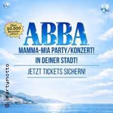 Werbung für eine ABBA Mamma Mia Party oder Konzert mit Meereshintergrund.