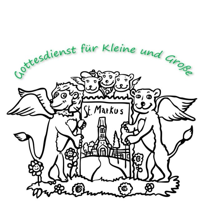 Illustration von zwei geflügelten Löwen, die ein Schild mit der Aufschrift 'St. Markus' und einer Kirche halten. Oben steht 'Gottesdienst für Kleine und Große'.
