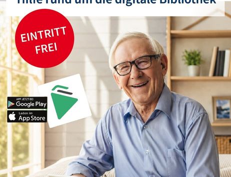 Ein älterer Mann sitzt lächelnd mit einem Tablet in der Hand. Text auf dem Plakat informiert über eine Onleihe-Sprechstunde in der Stadtbücherei Norderstedt.