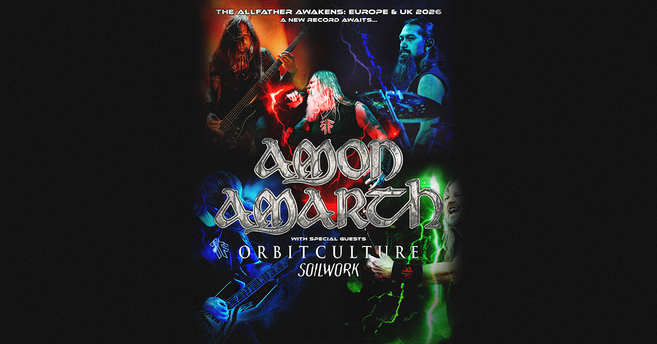 Poster für Amon Amarths Tour 2026 mit Bildern der Bandmitglieder und den Gästen Orbitculture und Soilwork.