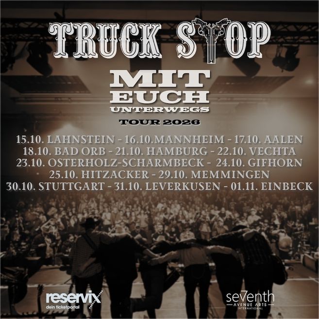 Plakat für die Truck Stop Tour 2026 mit Tourdaten und Städtenamen.