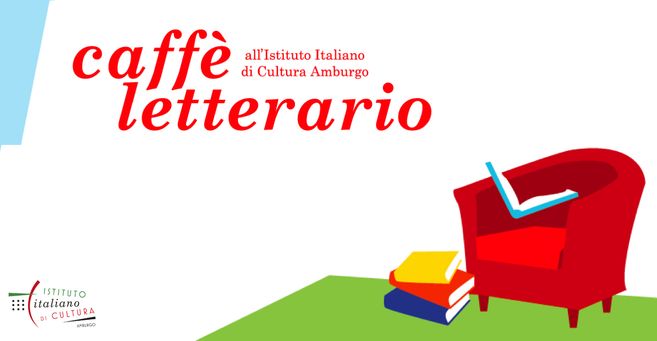 Grafik "Caffè letterario all'Istituto Italiano di Cultura Amburgo", Logo des IIC Hamburg, Sessel mit Büchern