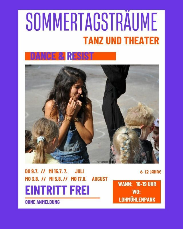 Plakat für ein Tanz- und Theater-Event für Kinder im Lohmühlenpark.