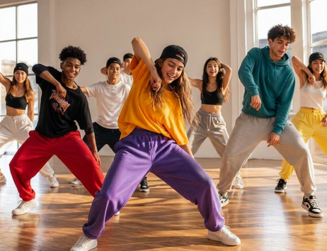 7 Jugendliche in bunter Sportkleidung bei Hiphop Moves