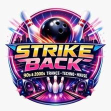 Logo der Strike Back Bowling Revival Party mit Bowlingkugel, Pins und Lautsprechern.