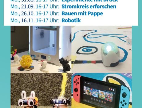 Plakat für den MINT-Club in der Norderstedt Stadtbücherei mit Terminen und Aktivitäten für Kinder ab 8 Jahren.