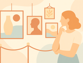 Abstrakte Illustration einer Kunstausstellung mit stilisierten Bildern an der Wand und einer betrachtenden Person in hellen Pastelltönen.