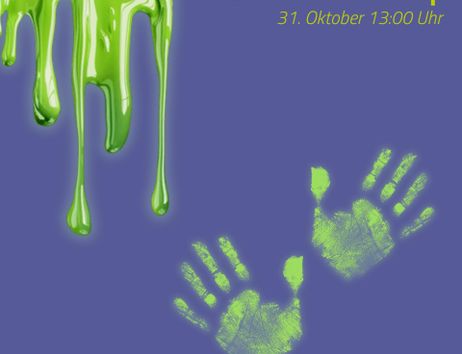 A flyer for a UV light workshop. It features green splashes of color and handprint-like marks on a purple background.