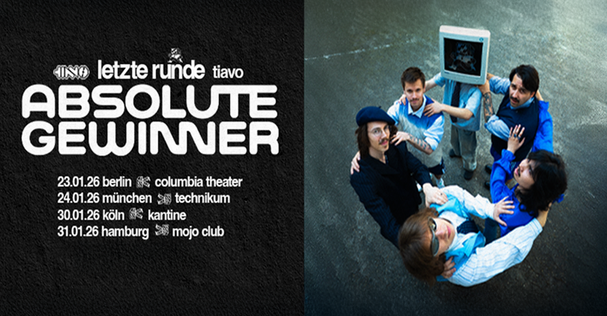 Werbeplakat für Tiavos Tournee 'Absolute Gewinner' 2026 mit Tourdaten und Gruppenfoto.