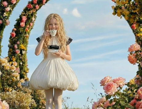 Mädchen in einem weißen Kleid trinkt Tee in einem Garten mit blühenden Rosenbögen.