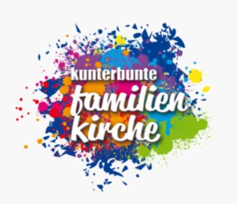 Logo der kunterbunten Familienkirche mit bunten Farbspritzern.