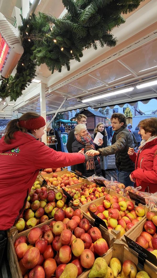 Menschen kaufen Äpfel an einem Marktstand mit Weihnachtsdekoration.