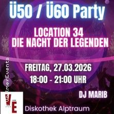 Einladungsplakat für eine Ü50/Ü60 Party mit Datum und Uhrzeit.