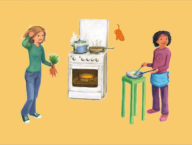 Zwei Kinder kochen in einer Küche. Eines hält Karotten, das andere rührt in einer Schüssel. Ein Herd mit Töpfen ist im Hintergrund.