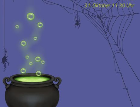 A black cauldron with green, frothy liquid stands in front of a purple background. Bubbling bubbles float above the cauldron, and in the background, cobwebs and spiders are visible.