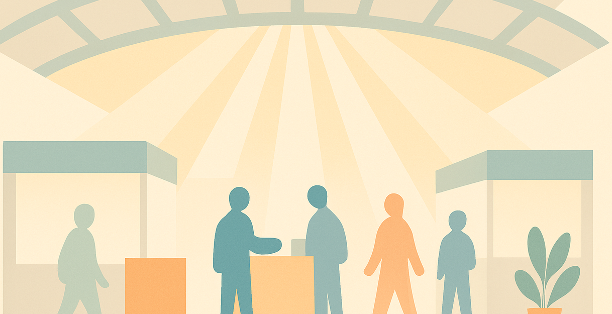 Abstrakte Illustration einer Messehalle mit Ständen, stilisierten Figuren und gewölbter Deckenstruktur in Pastelltönen.