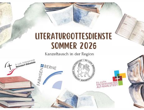 Plakat für Literaturgottesdienste im Sommer 2026 mit Büchern und Logos von Kirchengemeinden.