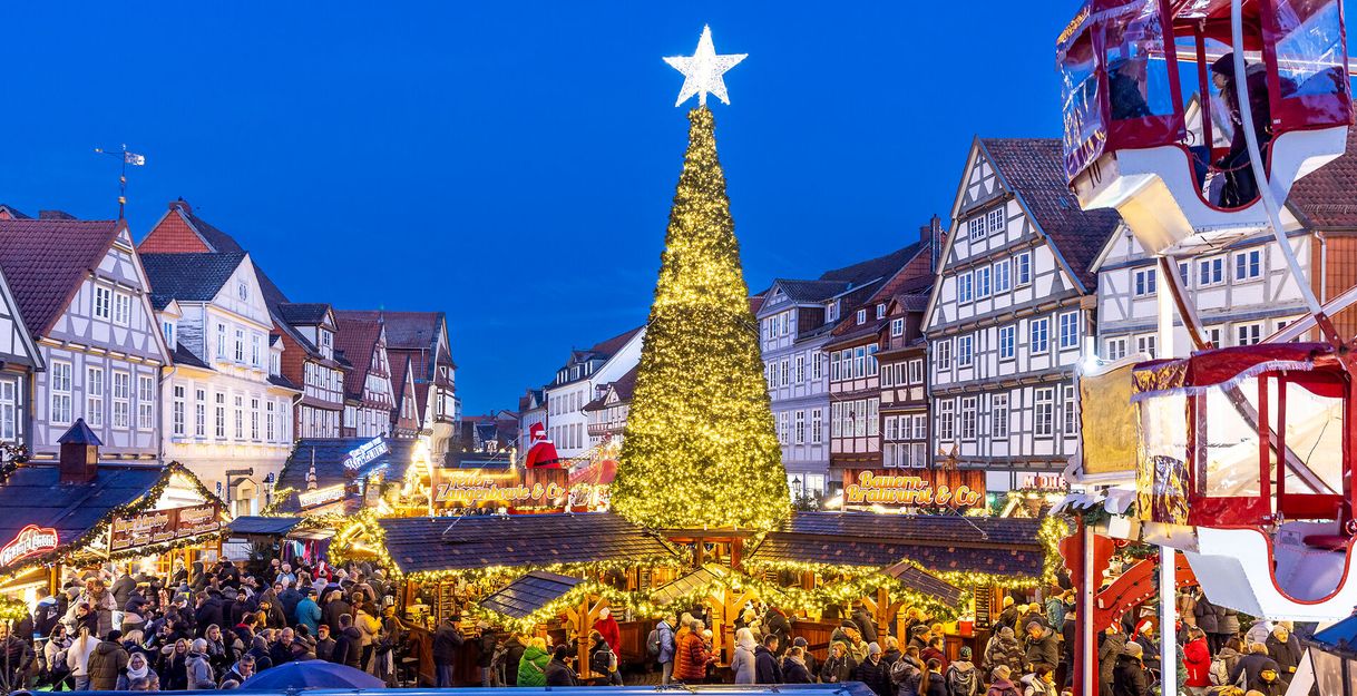 Weihnachtsmarkt mit großem beleuchtetem Weihnachtsbaum und Fachwerkhäusern im Hintergrund.