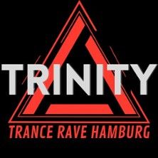 Logo von TRINITY - Trance Rave Hamburg mit einem roten Dreieck auf schwarzem Hintergrund.