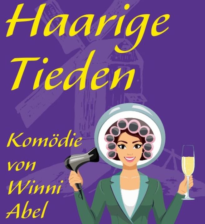 Illustration einer Frau mit Lockenwicklern, Föhn und Sektglas vor lila Hintergrund mit dem Text 'Haarige Tieden'.