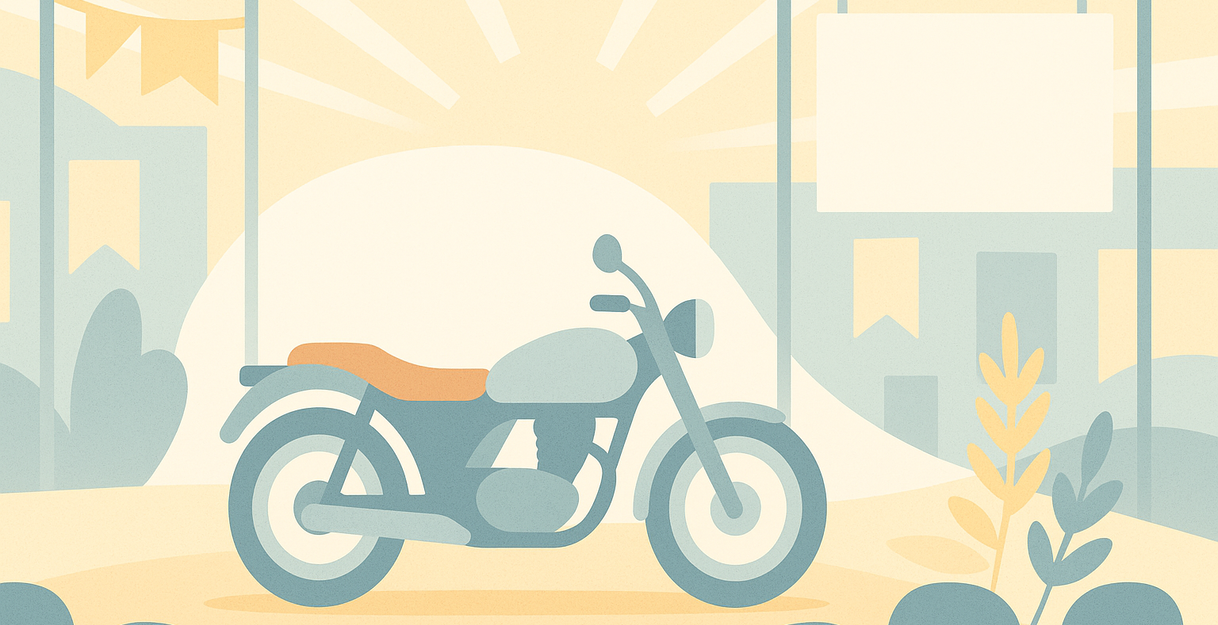 Abstrakte Illustration eines Motorrads auf einer Messebühne mit Bannern und stilisierten Formen in hellen Pastelltönen.