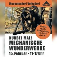 Plakat für eine Veranstaltung im Museumsdorf Volksdorf mit mechanischen Geräten und Aktivitäten.