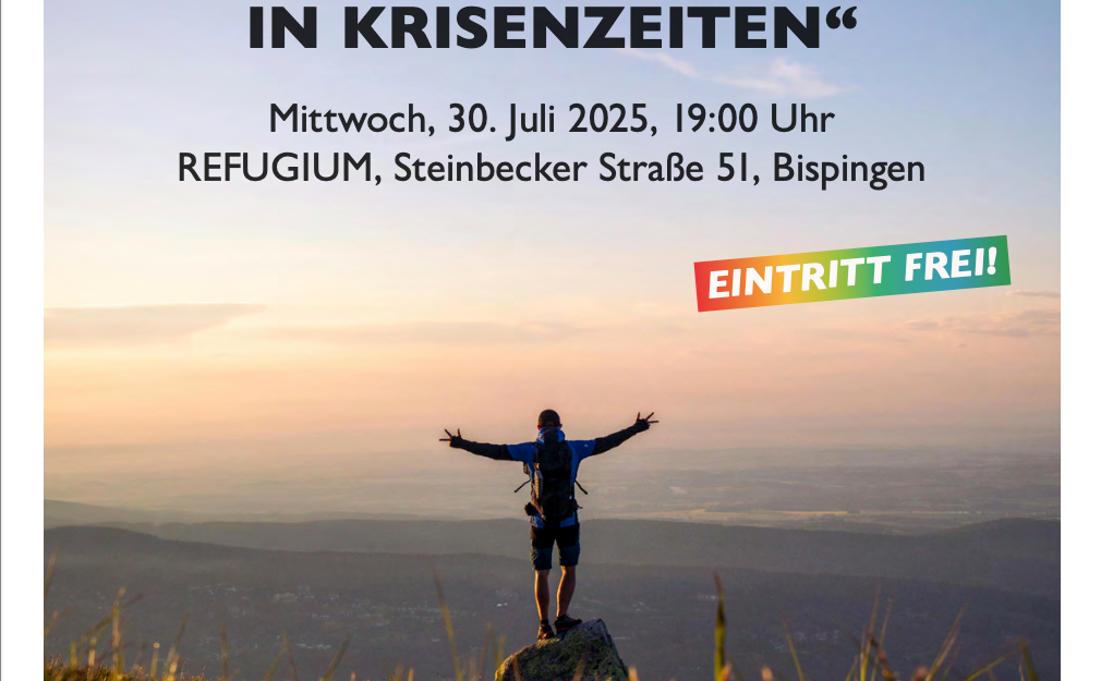 Plakat für einen Vortrag über Selbstwirksamkeit in Krisenzeiten mit einem Wanderer auf einem Berggipfel.
