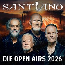 Band Santiano vor einer Konzertbühne mit Lichteffekten, Text: 'Die Open Airs 2026'.