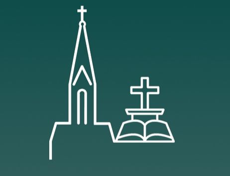 Symbolische Darstellung einer Kirche mit einem Kreuz und einer Bibel auf grünem Hintergrund.