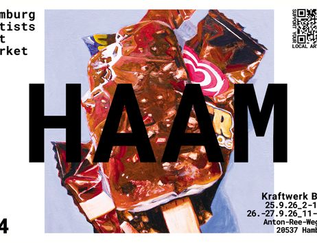 Gemaltes Motiv eines angebissenen Cornetto-Eis mit aufgerissener Verpackung, überlagert vom Schriftzug "HAAM" in schwarzen Blockbuchstaben. Text: "Hamburg Artists Art Market #4", QR-Code "Support your local artists" oben rechts, Veranstaltungsdetails unten rechts (Kraftwerk Bille, 25.–27.9.26, Anton-Ree-Weg 50, 20537 Hamburg), Bildnachweis "artwork: justus_von_karger" am linken Rand.