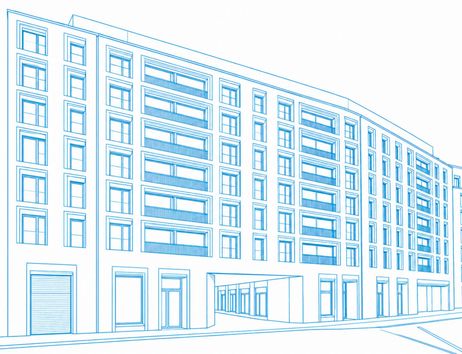 Architektonische Zeichnung eines modernen Gebäudes mit mehreren Stockwerken und großen Fenstern.