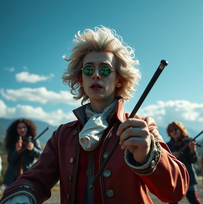 Person mit blonden Locken und Sonnenbrille hält einen Dirigentenstab, im Hintergrund zwei weitere Personen mit Geigen.