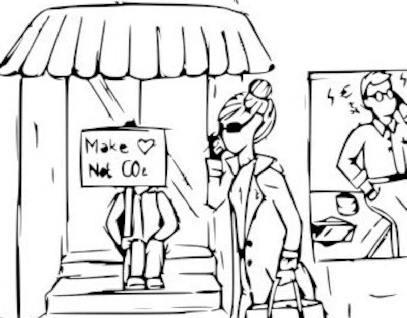 Cartoon einer Frau mit Sonnenbrille und Tasche, die an einem Geschäft vorbeigeht. Ein Schild mit der Aufschrift 'Make Love Not CO2' ist zu sehen.