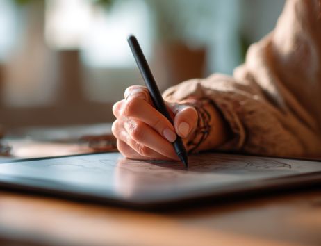 Person schreibt mit einem Stift auf einem Tablet am Schreibtisch.