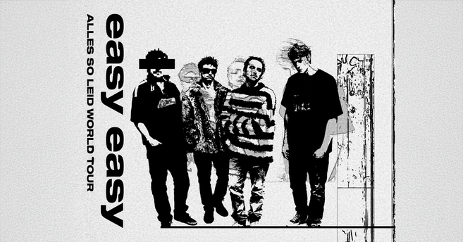 Schwarz-weißes Poster der Band Easy Easy für die Alles so Leid World Tour 2026 mit vier Bandmitgliedern.