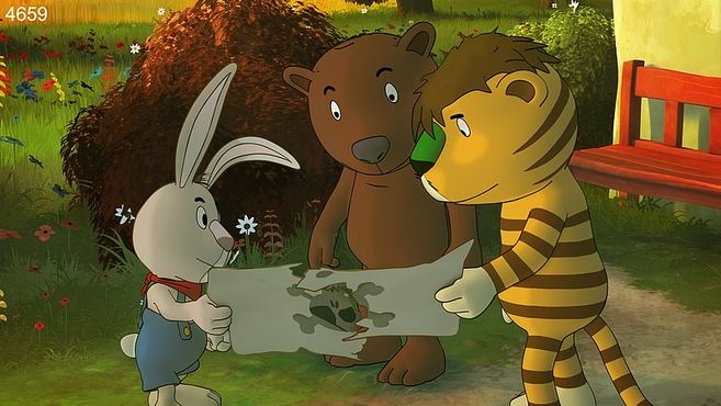 Drei animierte Tiere, ein Hase, ein Bär und ein Tiger, betrachten eine Schatzkarte in einem bunten Garten.
