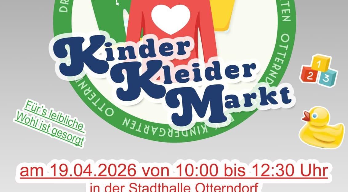 Plakat für einen Kinderkleidermarkt in Otterndorf mit Informationen zum Event und bunten Illustrationen von Kinderspielzeug.