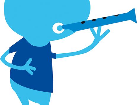 Illustration einer blauen, cartoonartigen Figur, die eine Klarinette spielt.