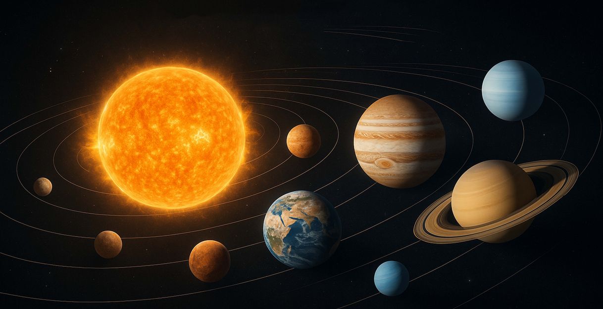 Illustration des Sonnensystems mit der Sonne und den acht Planeten.