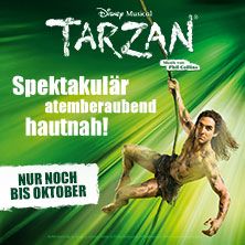 Werbeplakat zu Disneys Musical TARZAN mit Tarzan, der an einer Liane hängt, grünem Dschungelhintergrund und dem Text „Spektakulär atemberaubend hautnah! Nur noch bis Oktober“.