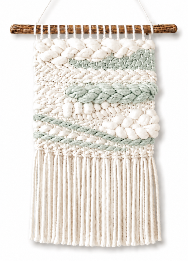Auf dem Bild sieht man einen Mini Wandteppich in beige und mintgrün