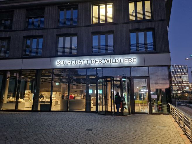 Eingang der Botschaft der Wildtiere bei Nacht