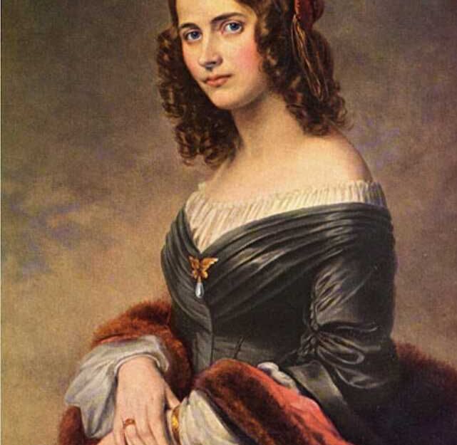 Gemälde einer Frau in einem eleganten Kleid mit Locken und einem Schal.