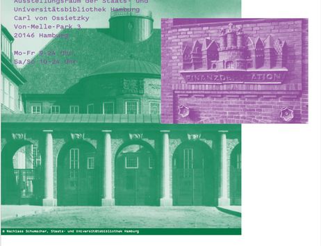 Ausstellungsplakat, auf weißem Hintergrund ist ein großes Foto einer Fassade mit Säulen, das in grün eingefärbt ist. Darüber gelegt ist ein lila Text mit Informationen der Ausstellung sowie ein Fassadenornament an der Finanzdeputation.