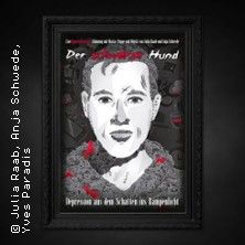 Ein Plakat mit dem Titel 'Der schwarze Hund', das ein gezeichnetes Gesicht zeigt, umgeben von schwarzen und roten Elementen.