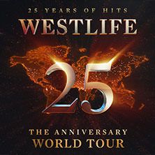 Westlife 25th Anniversary World Tour Poster mit Weltkarte im Hintergrund.
