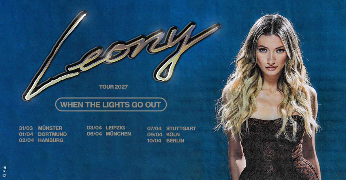 Poster der Leony Tour 2027 mit Tourdaten und Bild einer Frau mit langen, blonden Haaren vor blauem Hintergrund.